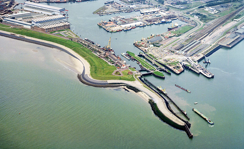 Vlissingen,Holland, October 11 - 1986: Historical aerial photo of the harbour of Vlissingen